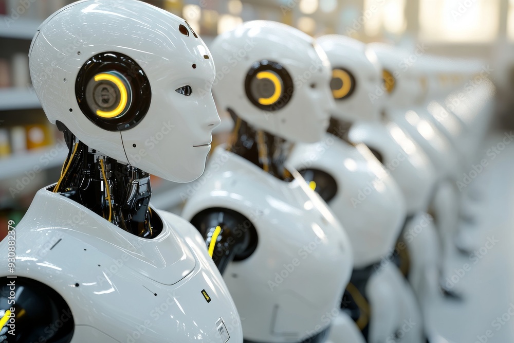 Row of humanoid robots with varying head designs in a production facility demonstrating diversity in robotic engineering Row of humanoid robots with varying head designs in a production facility demonstrating diversity in robotic engineering