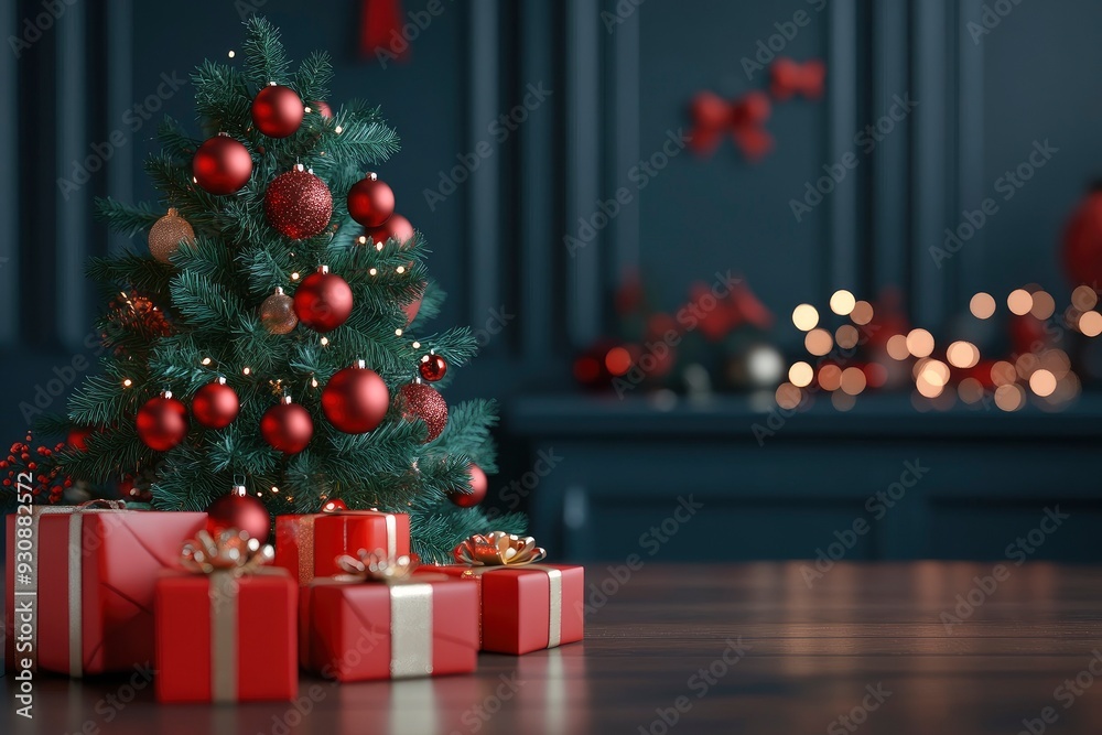3D render Christmas background with gift boxes and christmas tree. Christmas tree with gift boxes on wooden table with generative ai 3D render Christmas background with gift boxes and christmas tree. Christmas tree with gift boxes on wooden table with generative ai