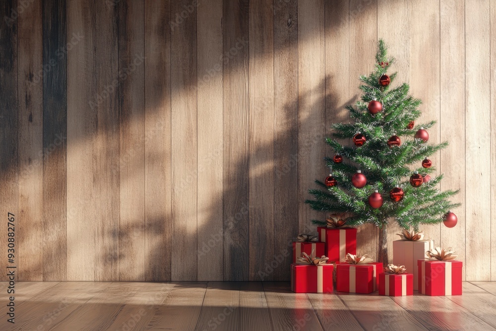 3D render Christmas background with gift boxes and christmas tree. Christmas tree with gift boxes on wooden table with generative ai