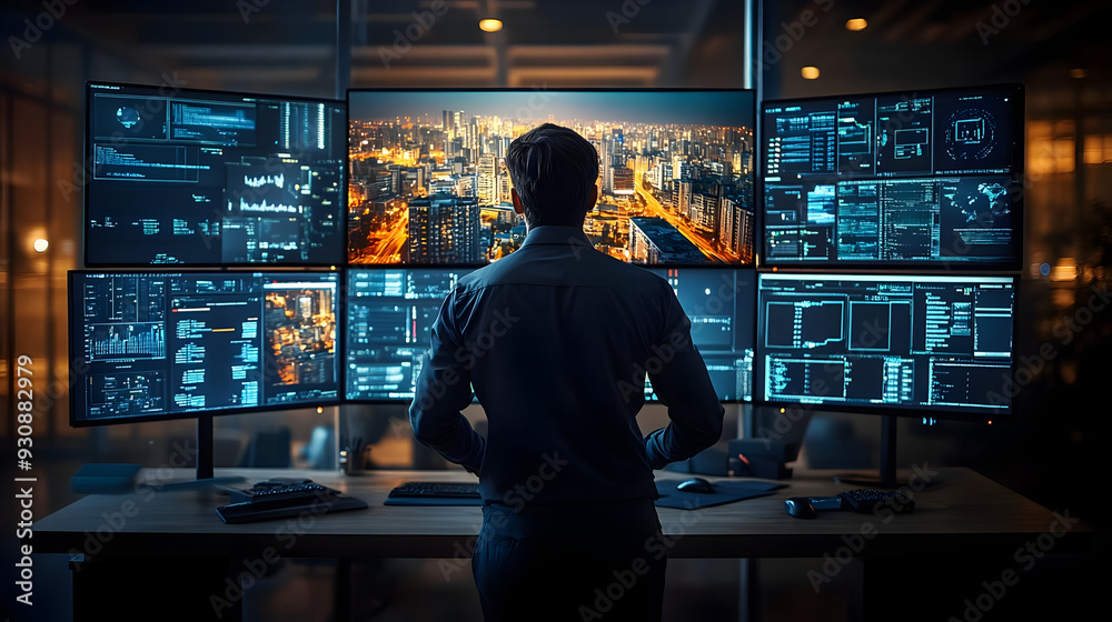 Man standing in front of a multi-monitor setup looking at a city skyline. Man standing in front of a multi-monitor setup looking at a city skyline.