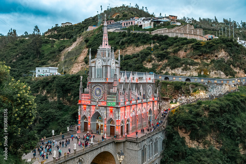 Ipiales, Nariño, Colombia. June 26, 2024: Sanctuary of Our Lady of the Rosary of Las Lajas illuminated with its colorful lights.