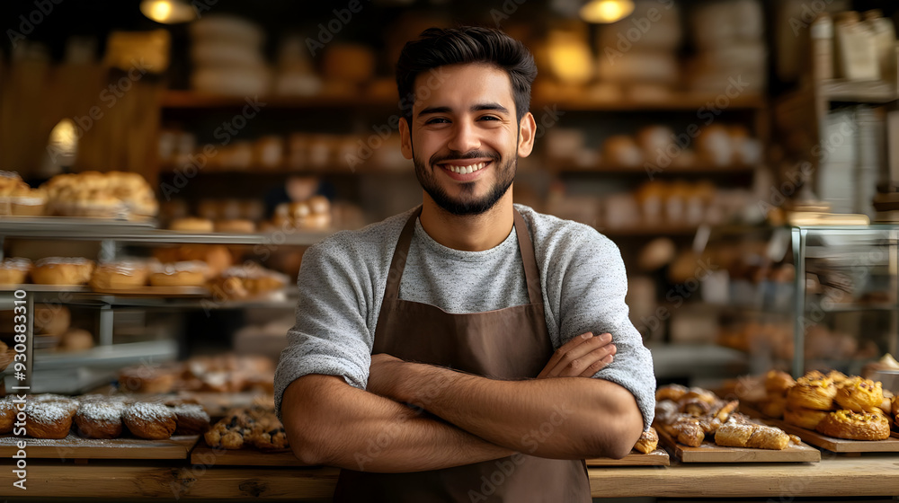 Smiling male baker standing in front of a display case of pastries. Smiling male baker standing in front of a display case of pastries.