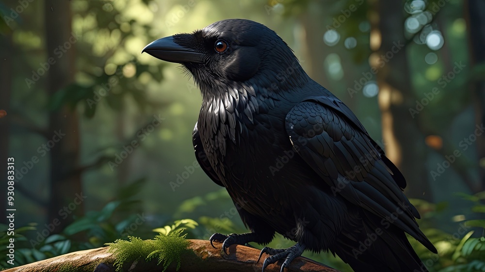 Black birds perch on branches amidst green foliage in a wild forest setting Black birds perch on branches amidst green foliage in a wild forest setting