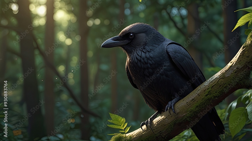 Fototapeta premium Black birds perch on branches amidst green foliage in a wild forest setting