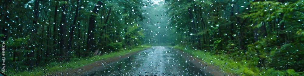 Raindrops on a vehicle's windshield while navigating through wooded areas.