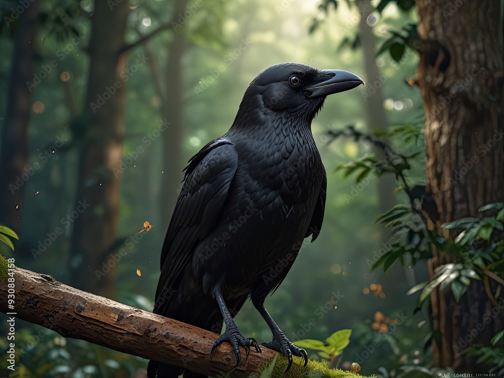 Fototapeta premium Black birds perch on branches amidst green foliage in a wild forest setting