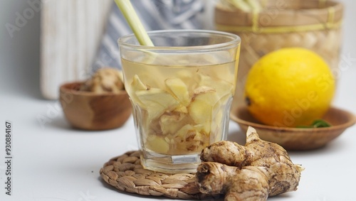 Photography lemongrass and ginger in glass isolated on white background