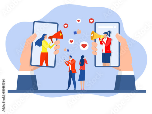 Social media influencer. people holding megaphone and a phone in his hands in the social profile frame.Social media promotion scenes. Characters using big loudspeaker to communicate vector