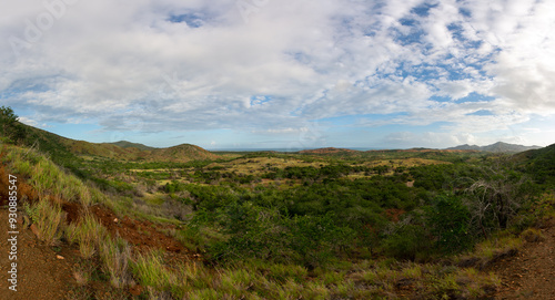 Road to the mountain. Arid mountains. Paths through the mountains with cacti and xeric vegetation. Red earth.