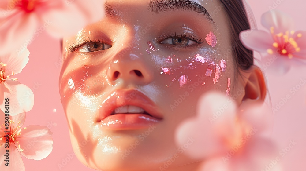 Close-up portrait of a woman's face with pink flowers and sparkling skin. Close-up portrait of a woman's face with pink flowers and sparkling skin.