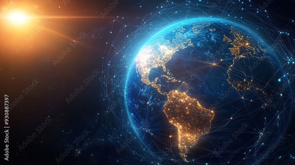 A 3D globe with glowing network lines wrapping around it, representing the global connectivity of network technology. A 3D globe with glowing network lines wrapping around it, representing the global connectivity of network technology.