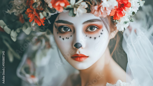 A woman with a white veil and flower crown, dainty black dots, and red lips. photo