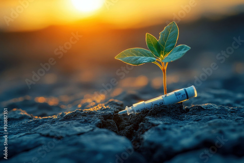 Small plant growing beside syringe on cracked soil at sunset photo