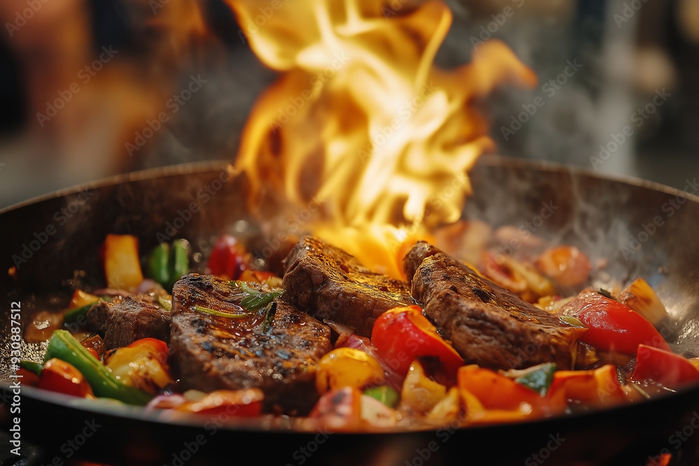 Flames Engulfing a Pan of Food. Flames Engulfing a Pan of Food.