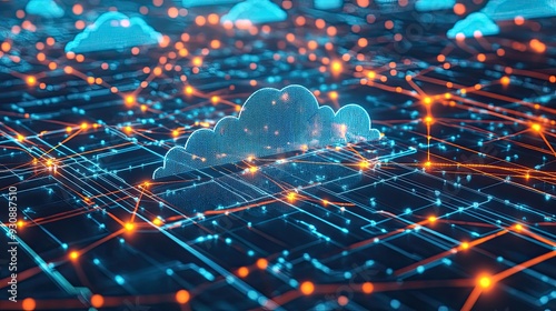 A 3D rendering of a global cloud computing infrastructure, with interconnected nodes and glowing lines.