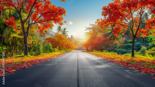 Sunlit Road Surrounded by Vibrant Autumn Foliage..