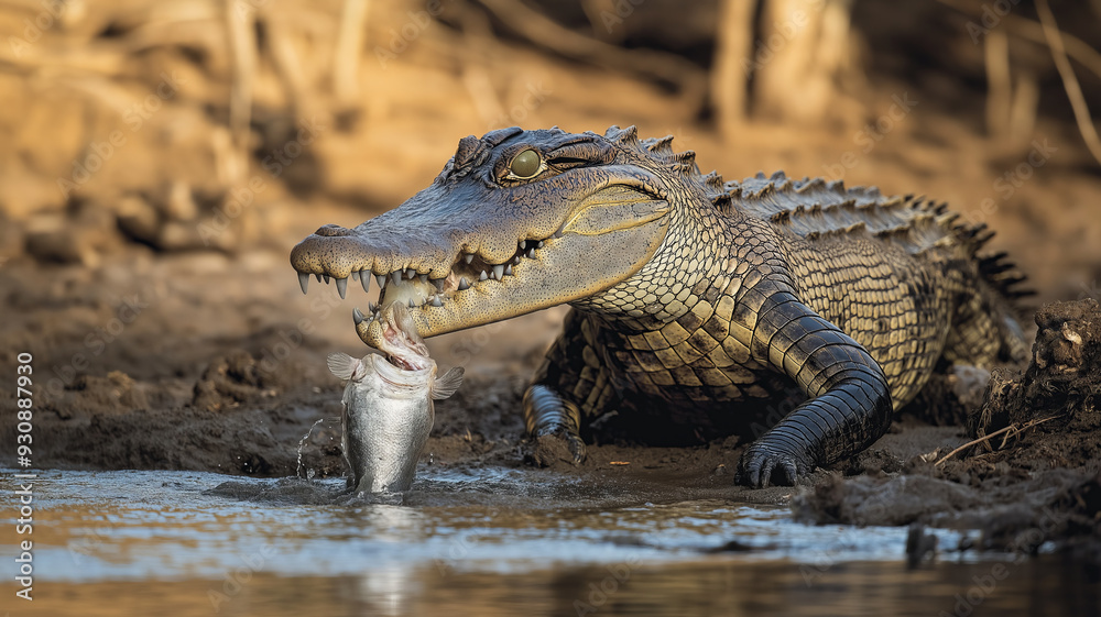 Fototapeta premium Crocodile catches fish in muddy river bank.