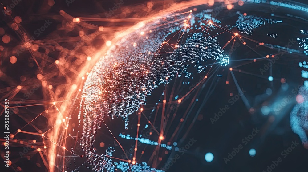 A close up of a digital globe with network lines representing global connectivity and data flow. A close up of a digital globe with network lines representing global connectivity and data flow.