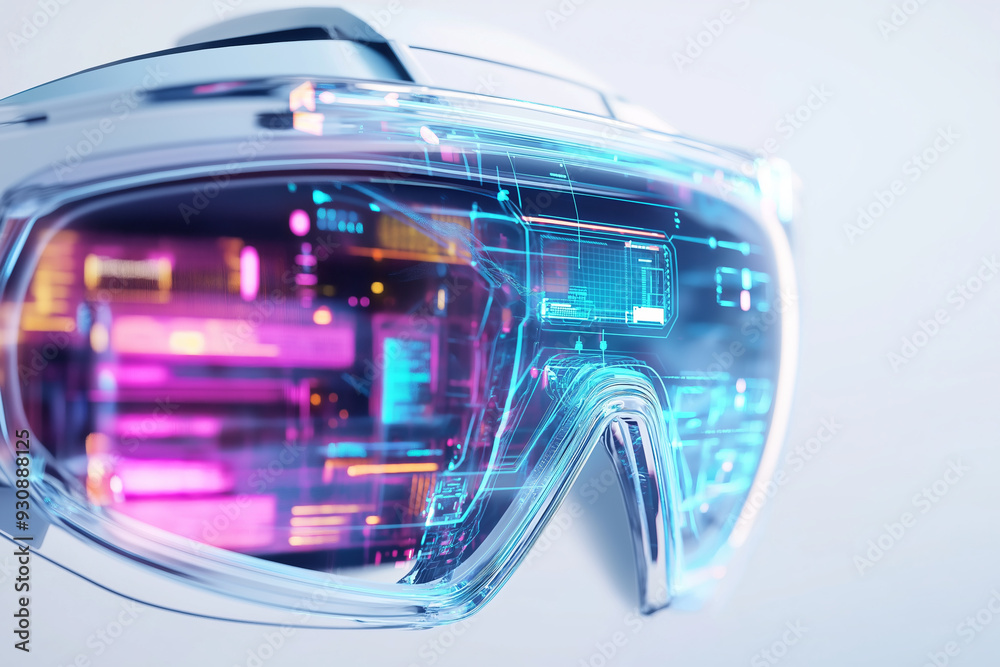 Obraz premium Futuristic transparent goggles with a digital display reflecting a vibrant array of neon lights.