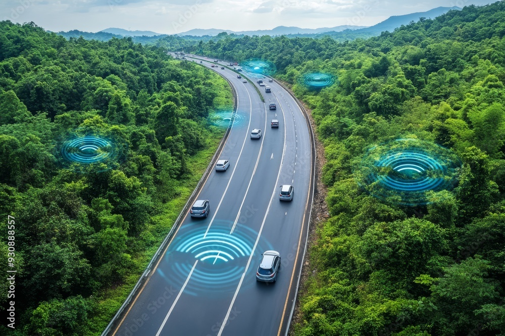 Fototapeta premium Autonomous vehicles driving on a forested highway demonstrating the future of eco friendly transportation solutions