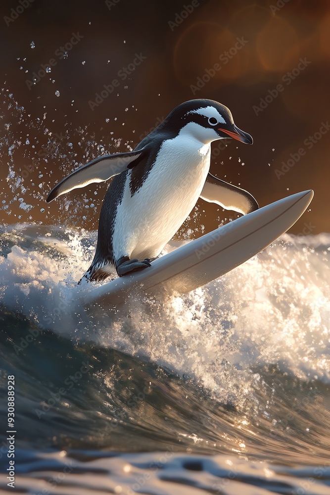 Obraz premium A penguin rides a surfboard with perfect balance, gliding across a gentle wave