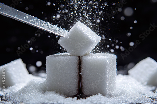 Knife cutting sugar cubes with flying particles, diabetes concept photo