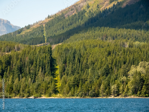 A Horizontal view of the Canadian and American border line or The Slash, at the Waterton lake. International border vista, a man-made track of deforestation that shows the border photo