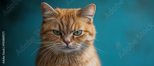 An angry cat with a grumpy expression, centered closeup shot against a blue gradient background photo