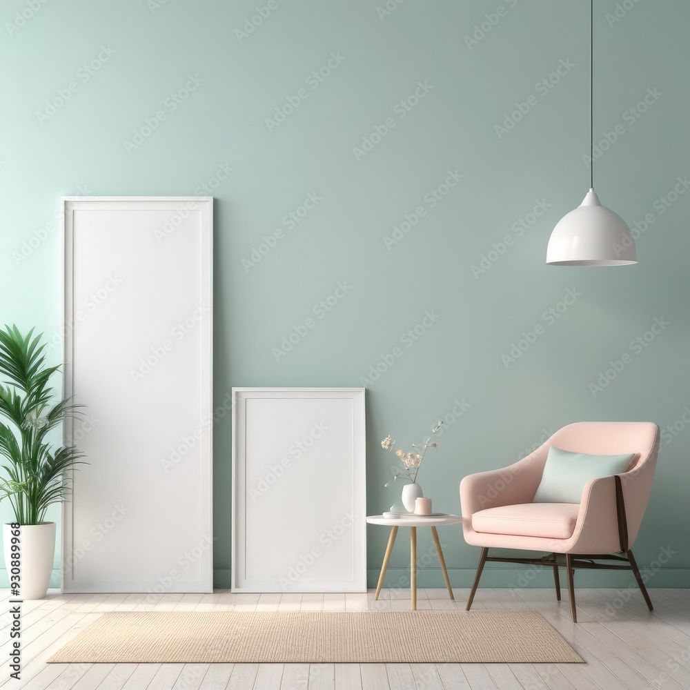 Mockup plain white frame in interior background, room with light pastel colors, 3d rendering Mockup plain white frame in interior background, room with light pastel colors, 3d rendering