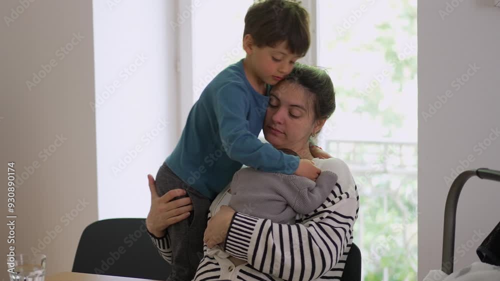Young boy affectionately embracing his mother while she holds a baby, creating a moment of familial love and connection. embodies warmth, tenderness, and strong family bonds at home Young boy affectionately embracing his mother while she holds a baby, creating a moment of familial love and connection. embodies warmth, tenderness, and strong family bonds at home