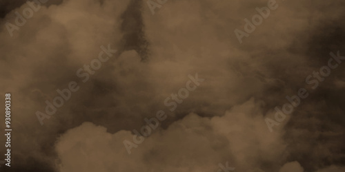 Abstract light and dark brown clouds over the fog and smoke hover in the sky like a hazy morning mist, modern dark and dramatic brown smoke clouds in the sky grunge black background with copy space.