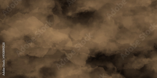 Abstract light and dark brown clouds over the fog and smoke hover in the sky like a hazy morning mist, modern dark and dramatic brown smoke clouds in the sky grunge black background with copy space.