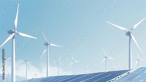 Wind turbines in green landscape with plants. Suitable for ecoconscious designs, renewable energy concepts, and environmental awareness campaigns.