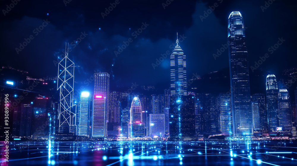 A futuristic cityscape with glowing skyscrapers and a digital grid reflecting on a wet street. A futuristic cityscape with glowing skyscrapers and a digital grid reflecting on a wet street.