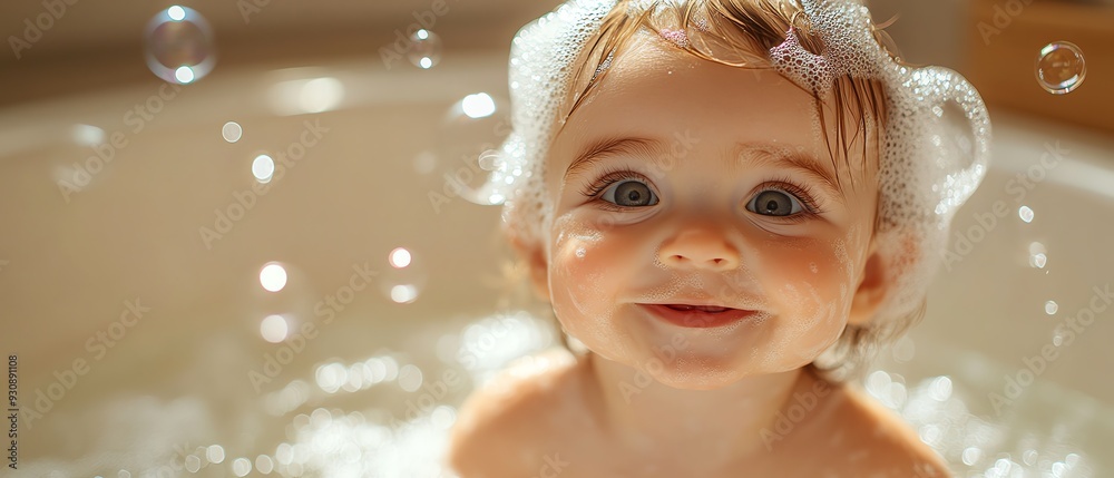 Laughing baby with soap bubbles on head, enjoying bath time, bright and joyful atmosphere Laughing baby with soap bubbles on head, enjoying bath time, bright and joyful atmosphere