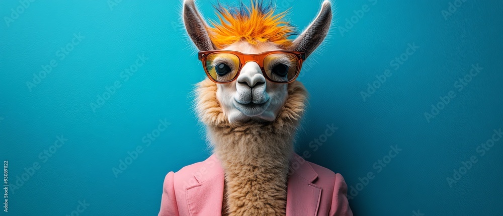Fototapeta premium Llama with a spiky orange hairstyle, sunglasses, and pink suit, bright blue background, quirky and fun