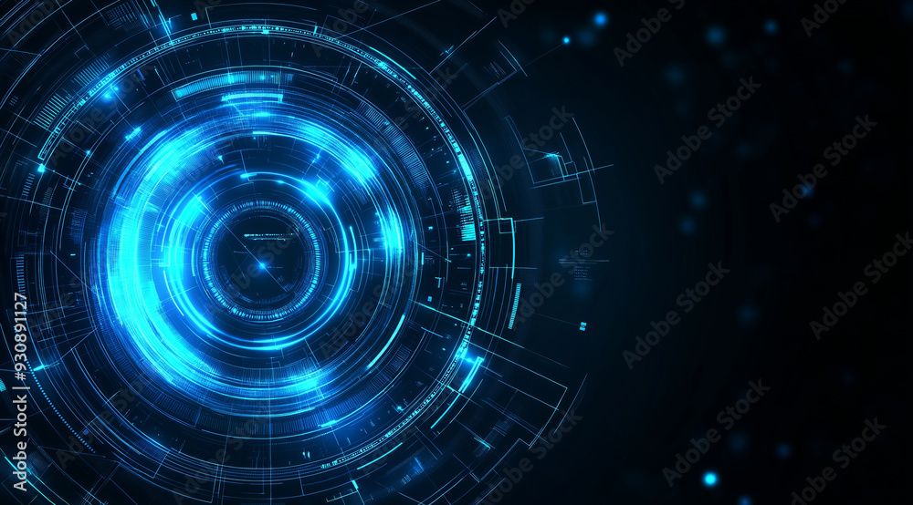 Abstract blue glowing circles and lines on a dark background. Abstract blue glowing circles and lines on a dark background.
