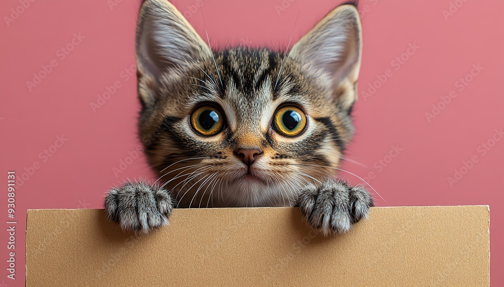 Kitten holding a blank sign, standing against a soft pink background Kitten holding a blank sign, standing against a soft pink background
