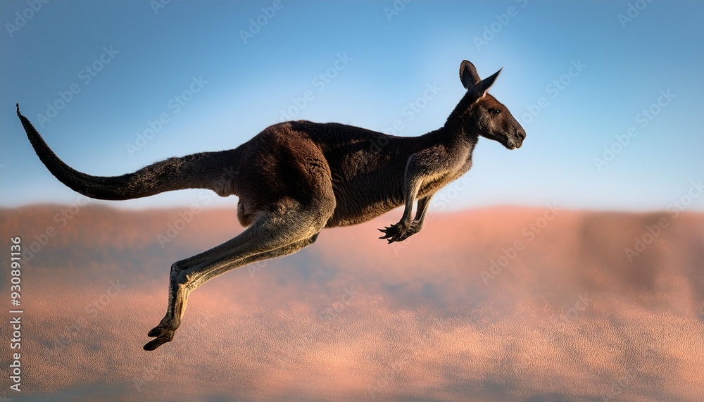 Fototapeta premium A kangaroo mid-leap, its powerful body fully extended in the air, with a clear sky and empty