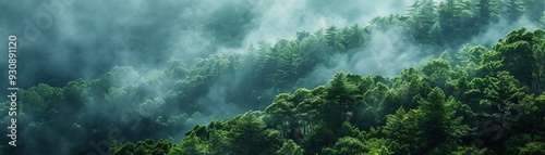 Lush forest with rolling hills covered in mist, aerial perspective, soft diffused light, serene and tranquil atmosphere photo