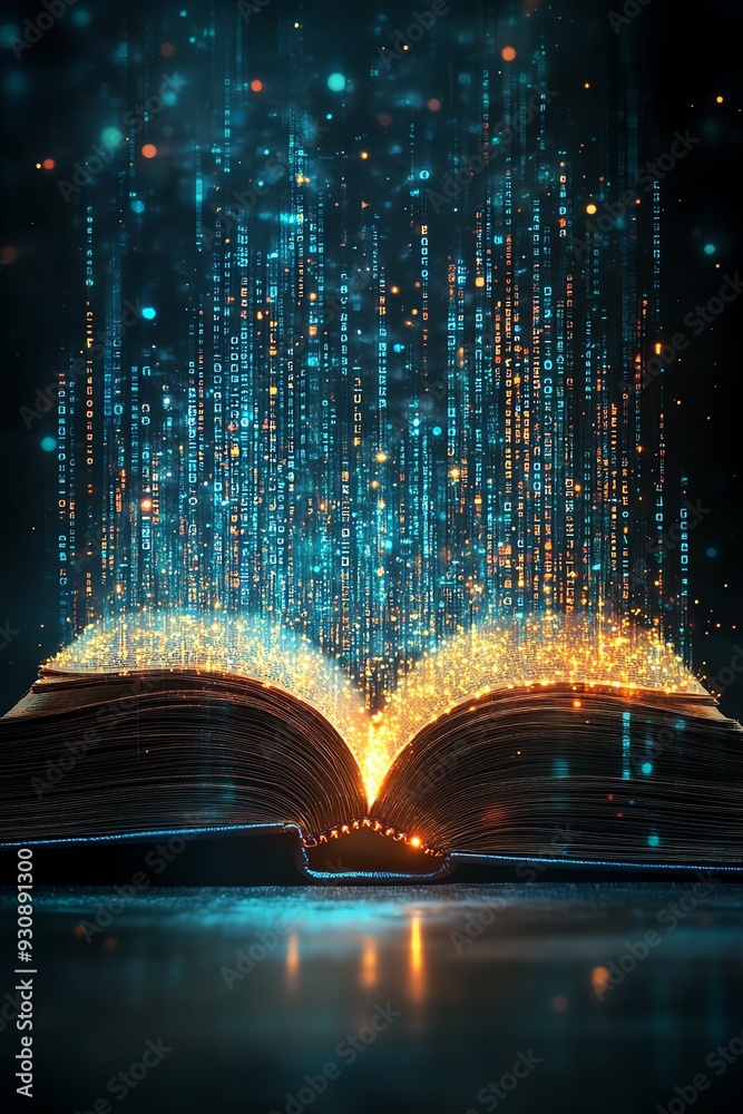 custom made wallpaper toronto digitalOpen book with digital data streams, glowing binary code, dark background, knowledge and technology fusion