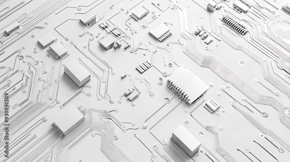 White circuit board background with electronic components and pathways