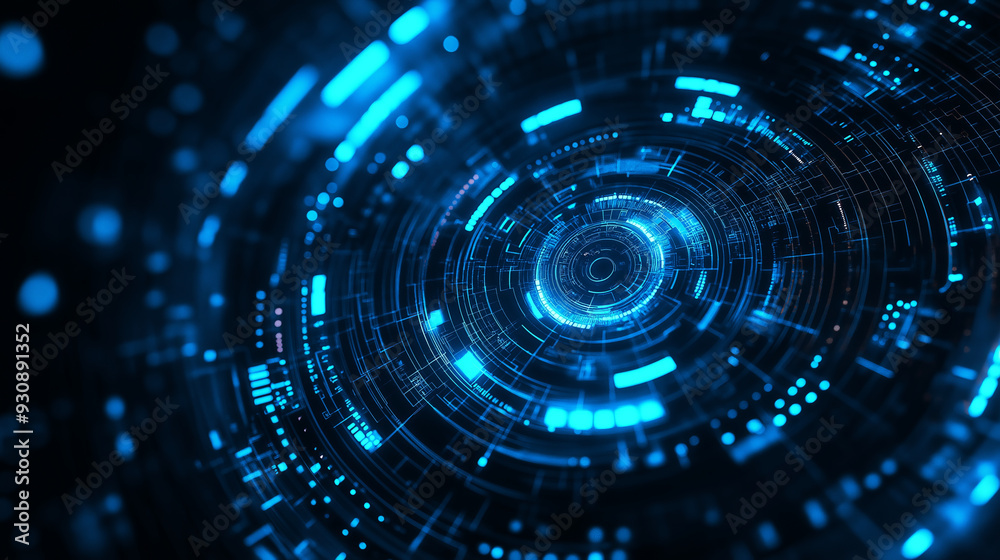 Abstract digital technology background with glowing blue and white circles.