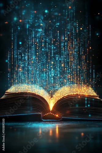 Wallpaper Mural Open book with digital data streams, glowing binary code, dark background, knowledge and technology fusion Torontodigital.ca