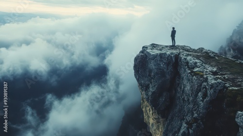 Person standing on a cliff edge above clouds during twilight