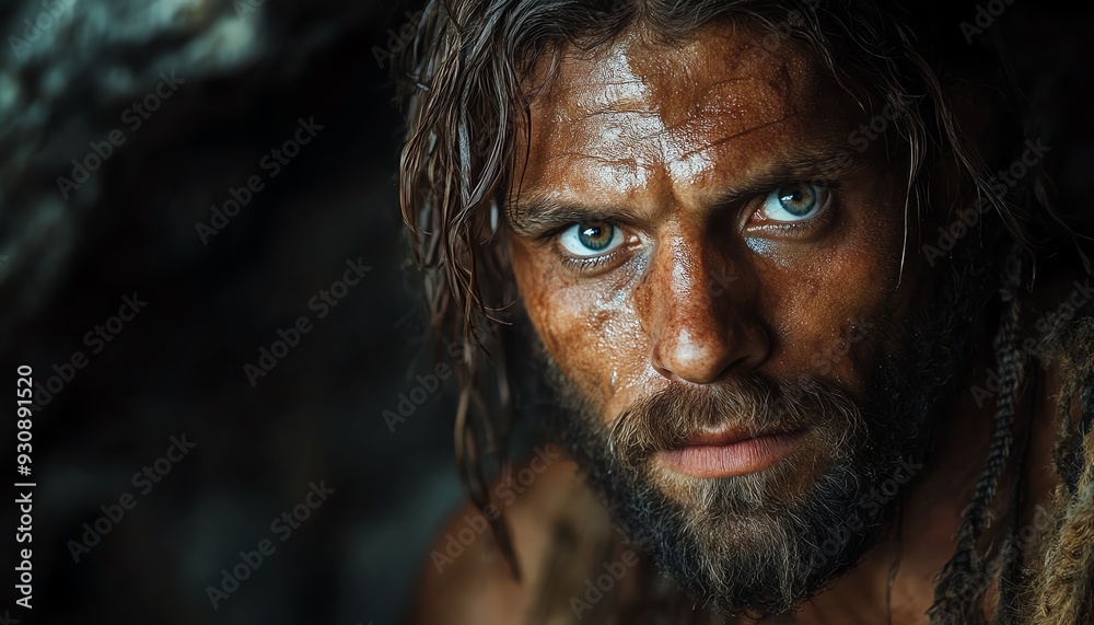 Portrait of a neanderthal man, prehistoric human, tribal caveman in a dark cave, hunter from prehistory era