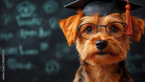 Puppy in graduation cap and glasses, cute and serious, posed against a chalkboard background