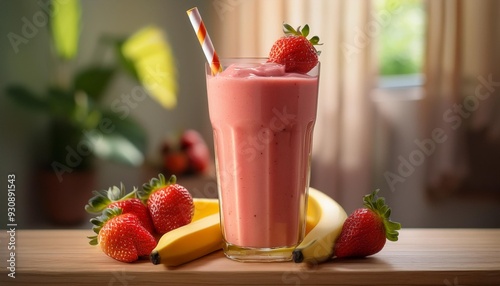  A tall glass of strawberry and banana smoothie, with a gradient of red at the bottom blendin photo