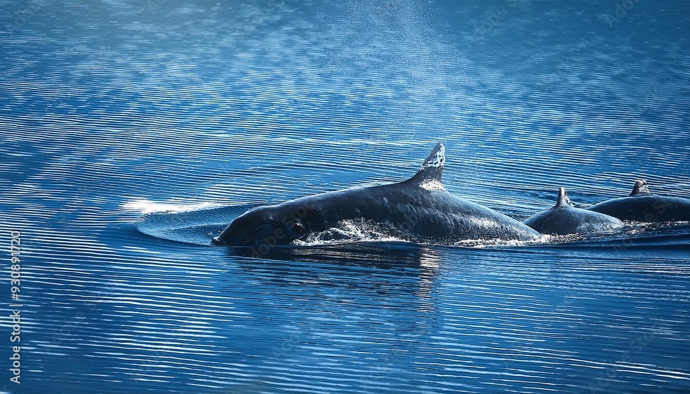 Fototapeta premium A whale calf swimming closely beside its mother, their bodies creating gentle ripples in the