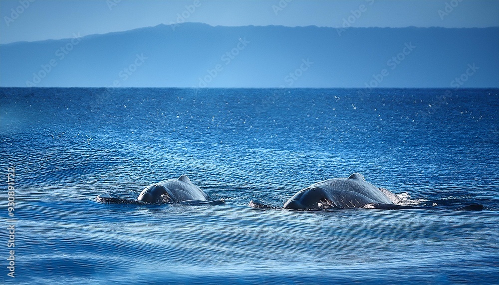 Fototapeta premium A whale calf swimming closely beside its mother, their bodies creating gentle ripples in the